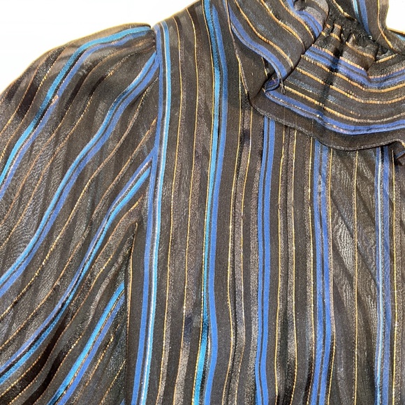 John Yang Shirt Womens 12 Blue Black Striped Long Sleeve Blouse Ruffle High Neck - Picture 11 of 12